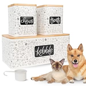 A&N Essentials 3-Piece Pet Food Storage Container Set – Airtight Galvanized Steel with Bamboo Lids for Dog & Cat Kibble, Treats & Chews
