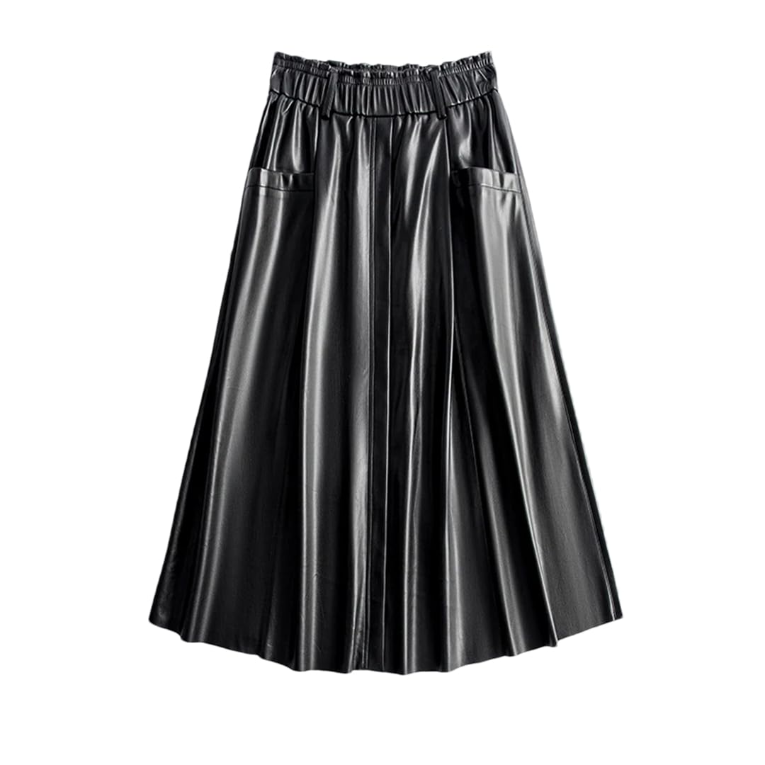Women Leather Skirt Elastic Waist Solid Color Mid-Length Skirt Ladies Casual A-Line Skirts