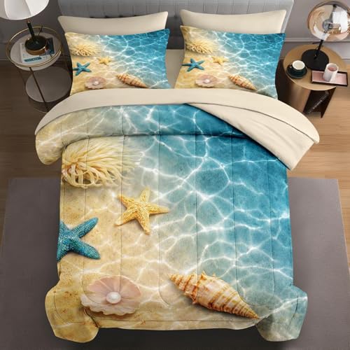 WeCozy 7 Pcs King Size Comforter Set with 2 Pillowcases & 2 Shams, Summer Beach Seashell Bedding for...