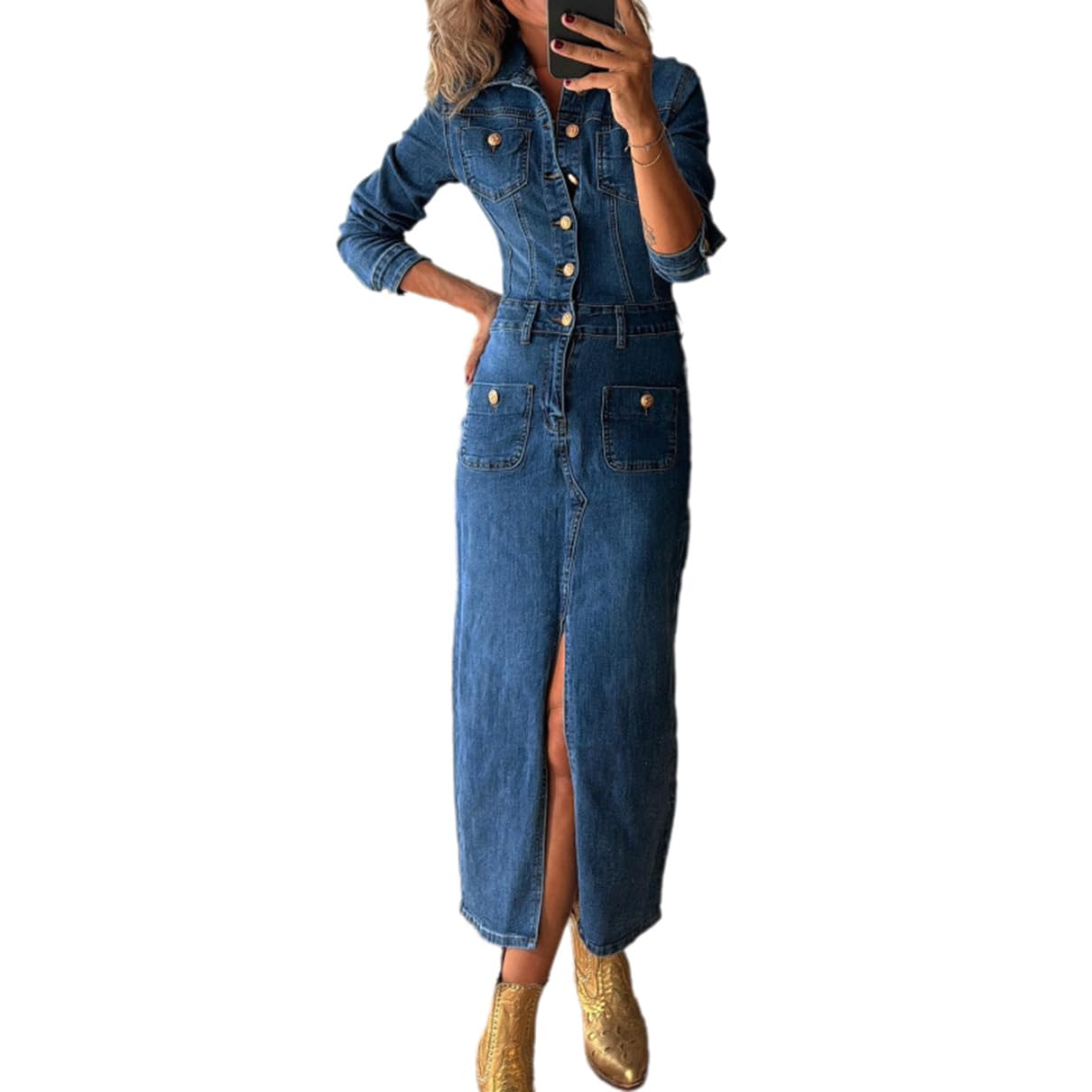 Vestito Lungo in Denim da Donna Autunno Casual Manica Lunga abbottonatura Frontale Maxi Vestito in Jeans Western Vintage Vestito con Spacco da Cowgirl