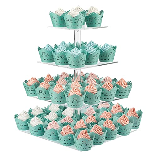 CECOLIC Cupcake Ständer 4 Etagen Quadratisch Cupcake Halter, Transparenter Acryl Cup Kuchen Ausstellungsständer, Dessert Gebäckturm für Hochzeit, Geburtstag, Party Dekoration (Quadratisch - 30,5cm) Cover