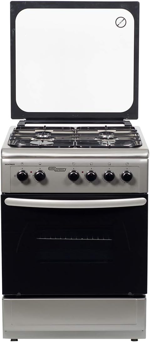 Super General 50 x 50 cm Freestanding Gas Cooker SGC5470MSFS, 4 Large Burners, Automatic Ignition, Euro Pool Burners, Gas Oven, Glass Top Lid, Large Oven Cavities,50 x 50 x 85cm (WxDxH), Silver
