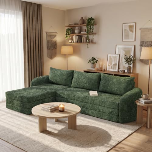 Vesgantti 6 in 1 Folding Sofa Bed, Boneless Sectional Sleeper Couch, Green | 110.2' Convertible L Shaped Sofa, Curved Armrest, Deep Seat Boneless Couches for Living Room, Chenille, Left Facing Chaise