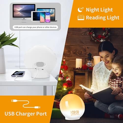 Sunrise Alarm Clock, Wake Up Light /Sunlight Lamp with Dual Alarm Clocks & Snooze Function 20 Brightness Levels and 7 Colors Light Alarm Clock, Sunrise Lamp 7 Natural Sounds with Charging Port