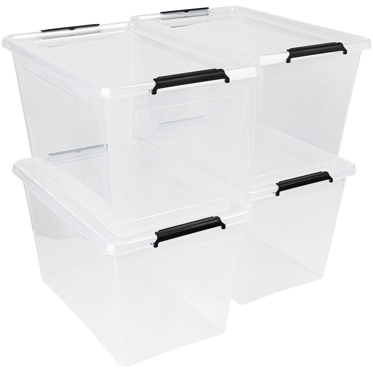 astor24 [Test SEHR GUT, NOTE 1.1] Aufbewahrungsboxen mit Deckel, 4x 60 L, transparente Boxen, lebensmittelechte Stapelboxen, Ideale Aufbewahrung für Büro, Kinderzimmer, Kleiderboxen, Küche, Werkstatt