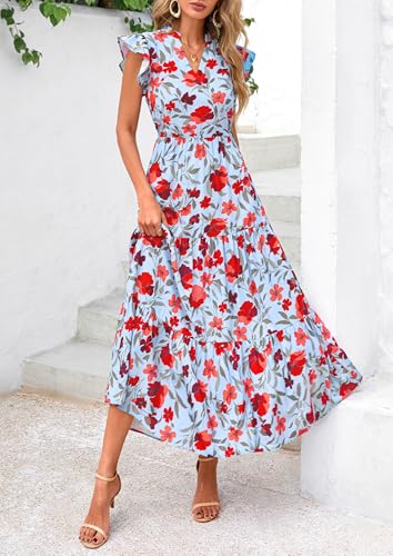 Image of PRETTYGARDEN Women's 2026 Summer Floral Midi Dress Cap Sleeve V Neck Ruffle Long Flowy Boho Casual Beach Vacation Dresses