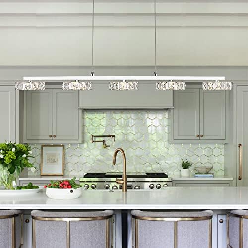 pasentel Farmhouse 5-Light Crystal Led Linear Chandeliers, Modern Chrome Pendant Lighting for Kitchen Island Dining Room Pool Table, DD001-CH