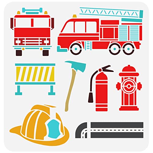 FINGERINSPIRE Feuerwehrauto Schablone 30x30 cm Wiederverwendbare Feuerwehrausrüstung Malvorlage Feuerlöscher Hydrant Absperrband Axt Feuerwehrhelm Schablone Zum Malen Auf Holz Wand Und Möbel