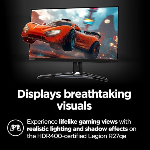 Image of Lenovo Legion R27qe Gaming Monitor, 27 inch QHD Display, 180Hz, 0.5ms Response, AMD FreeSync, HDR400, Lift /Tilt /Pivot /Swivel Stand, HDMI 2.1 and DisplayPort 1.4, 450 nits, Black