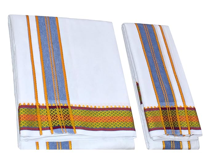 Men’s Panchakacham Casual Style Dhoti With Angavasthram With Zari Border, Cotton, Size: 9 X 5 (4.0Mtr Dhoti, 2.25Mtr Towel) (White) Men’s Panchakacham Casual Style Dhoti With Angavasthram With Zari Border, Cotton, Size: 9 X 5 (4.0Mtr Dhoti, 2.25Mtr Towel) (White)