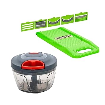 DeoDap Kitchen Cutter/Chopper/Slicer Combo - Manual Hand Held Vegetable Food Chopper (400ml) & 6 in 1 Vegetable Slicer Cutter (Multicolour)