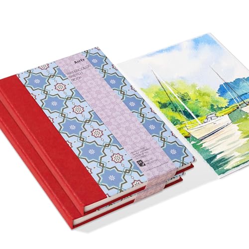 Arrtx 2 Pack Watercolor Sketchbook, 8.27x5.79'', 140 LB, 300 GSM, 100% Cotton Paper, Hot Press, 48 Sheets, Hardcover Watercolor Journal for Use As Travel Notebook for Artists Adults Students