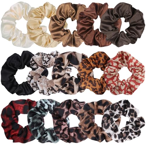 SYEYCW 15 Pièces Chouchous Cheveux pour Femmes, Satin Bandes de Cordes à Cheveux et Douces, Élastiques Couleur Unie Léopard Chouchous, Chouchou Scrunchie Couleur Différente, pour Filles et Dames