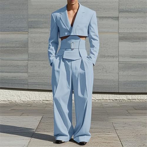Men Casual Cropped Waistband Design Suit and Wide Leg Suit Pant 2 Pieces Sets3