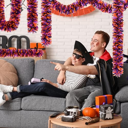Image of 50 FT Halloween Tinsel Garland, Thick Glitter Hanging Streamers Black Orange Purple Mixed Color Metallic Tinsel Hanging Oranment for Halloween Party Supplies Indoor Outdoor Decoration