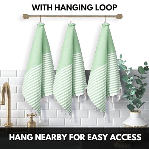 Image of Turkish Kitchen Towels 18x26 Inches with Tassels - 4 Pack - Absorbent, Durable, Soft 100% Cotton Dish Towels for Drying & Cleaning - Machine Washable, Quick Dry - Apple Green