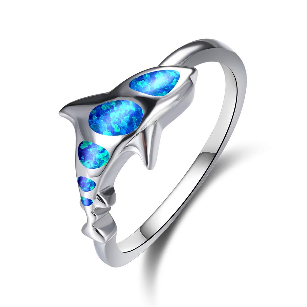 BamosShark Ring Opal Rings, 14K White Gold Plated Cute Rings Statement Ring Mounted with Created Opal Shark for Women Girls Men Boys, Rings for Teen Girls, Size 6 7 8 9 10