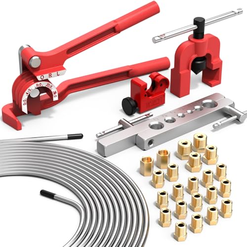 Luney 26 PCS 3/16 Brake Line Kit Include 25FT Zinc-Plated Brake Lines with 16 Fittings 2 Unions 4 Nuts Brake Line Bender Single Flaring Tool & Cutter Copper Coated Brake Line Repair Kit