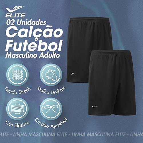 ELITE Kit 2 Short Bermuda Masculina Futebol Academia Malha Dry Fit Fitness, 2 Preto, EG1(XG)