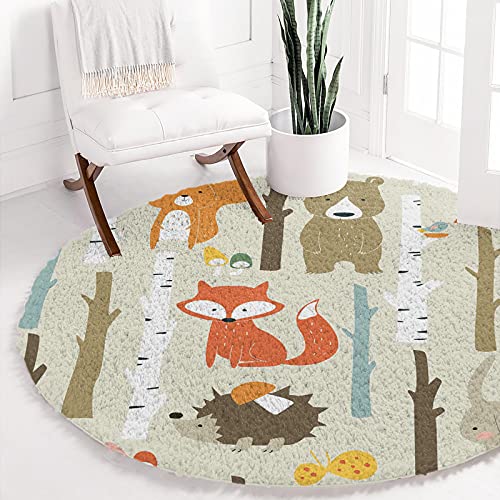 Ewdewwo Shag Area Rug, 3Ft Indoor Round Area Rugs- Cartoon Bunny Bear Fox Animal Forest Shaggy Carpet Nursery Rug For Kids Baby Bedroom Living Room Home Decor #TOP2