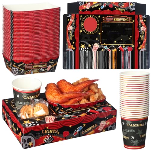 72 Pcs Movie Night Party Supplies Snack Trays Boxes with Disposable Paper Food Cups Combo Trays Cardboard Popcorn Drink Candy Holder for Kids Birthday Cinema Party Favors