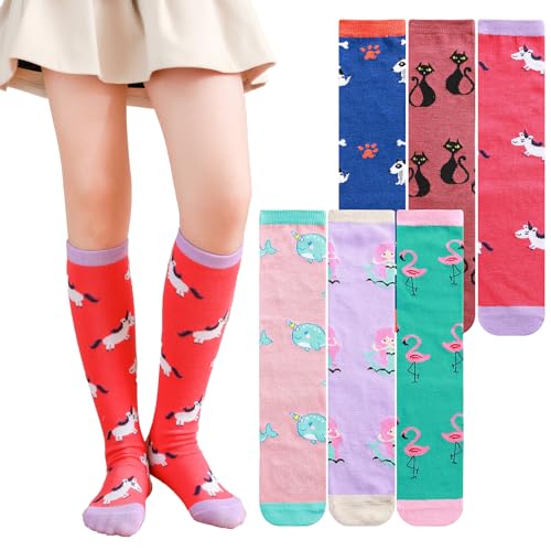 PHOGARY 6 Pairs Girls Knee High Socks, Cute Socks Colorful Cartoon Animal Warm Cotton Socks Crazy Funny Kids Odd Socks Mid Calf Long Boot Socks for 3-12 Years Girls, One Size (Animal-B)