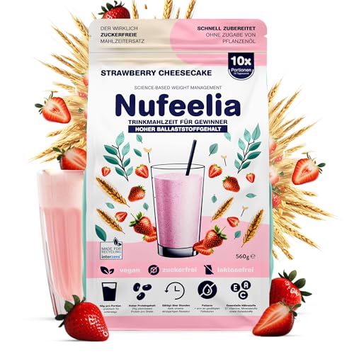 Nufeelia Trinkmahlzeit Strawberry Cheesecake – Wissenschaftlich basierter Diät Shake – Vegan, Zuckerfrei, Laktosefrei – Hoher Ballaststoff- & Protein-Gehalt – 10 Portionen – Sättigt Stundenlang – 560g