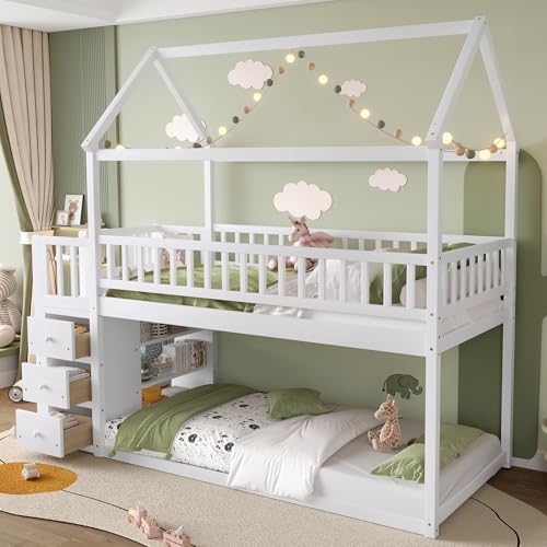 Image of Bellemave Bunk beds Twin Over Twin Size with Drawers and Shelves Storage, Floor bunk Bed,White