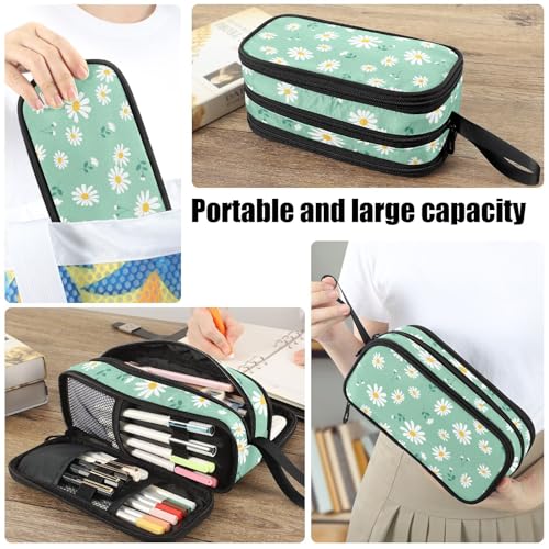 Image of Fustylead Lovely Daisy Flower on Mint Green Pencil Pen Case Stationery Bag 3 Compartments School College Office Organizer Cosmetics Bag