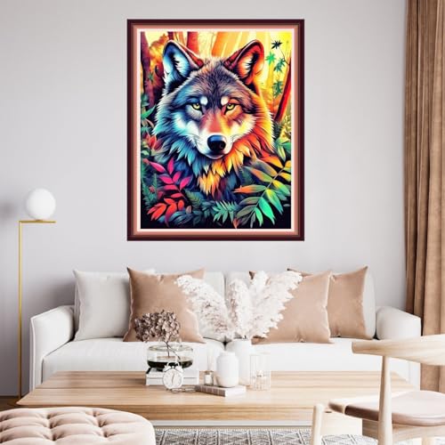 Image of Fanxvivy Stamped Cross Stitch Kits for Beginners Full Range of Cross Stitching Preprinted Embroidery Kits for Adults, 11CT Embroidery Pattern Needlepoint Kits-Forest Colored Wolf 16x20 inch