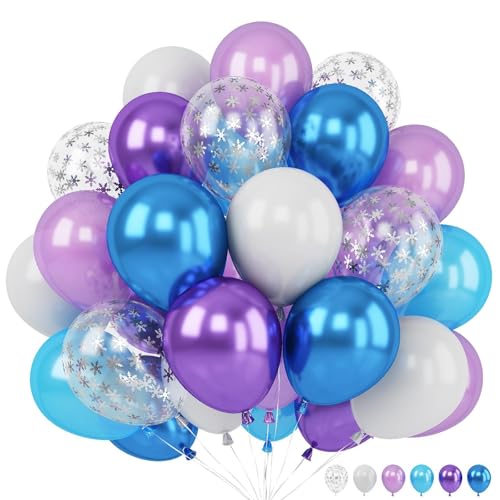 Image of Blue Purple Snowflake Balloons Set, 12 Inch Metallic Blue Purple Balloon Snowflake Confetti Latex Balloons Metallic Silver Girls Birthday Party Decoration for Children Winter Birthday Party Supplies