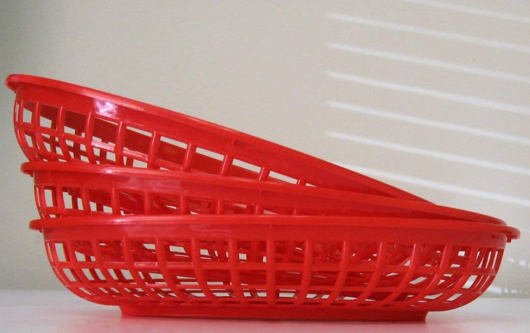 Food Deli Basket For Hamburgers, Hot Dogs, French Fries, Red, 9.25x5.67x1.75 Inches, 3-Pack