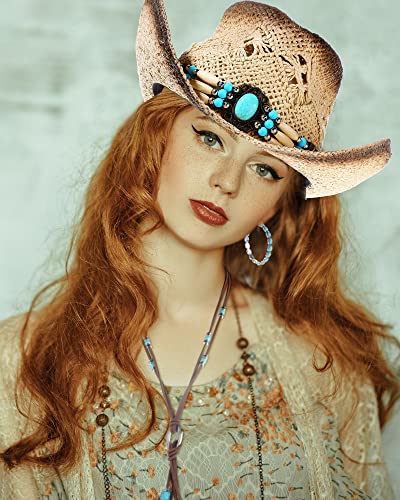 Janmercy 4 Pcs Boho Jewelry Set Straw Cowboy Hat with Vintage Synthetic Turquoise Necklace, Bracelets, Earrings for Women 6