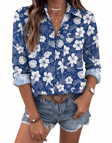 HOTOUCH Womens Blouses Floral Long Sleeve Button Down Shirts Casual Dressy Tops Work Business Fashion Printed Outfits Blue M