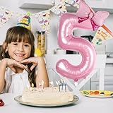LEBERY Pink Bow Balloons 40 Inch Pink Number 5 Balloon Jumbo Number 5 Birthday Balloons for Girls, Mini Bowtie Foil Balloon for Princess Cowgirl Mouse Themed 5th Birthday Baby Shower Decorations