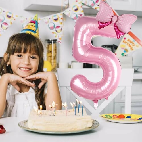 LEBERY Pink Bow Balloons 40 Inch Pink Number 5 Balloon Jumbo Number 5 Birthday Balloons for Girls, Mini Bowtie Foil Balloon for Princess Cowgirl Mouse Themed 5th Birthday Baby Shower Decorations