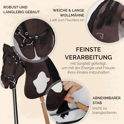 GaloppFreude® Hobby Horse Pferde Braunschecke – Großes A3 Steckenpferd mit Schraubstab & Trense – Hobby Horsing Pferd zum Reiten für Kinder & Stockpferd mit Langer Mähne – Inkl. Horse Zubehör