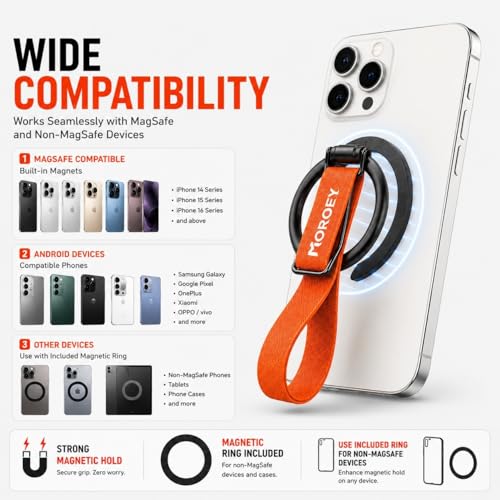 Image of Morofy Magnetic Phone Grip for iPhone & Android Devices with Magnetic Ring Included, Adjustable Finger Strap Stand Holder (Orange)