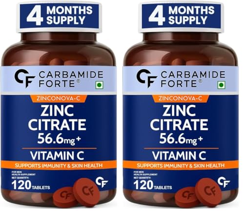 Image of Carbamide Forte Zinc Citrate with Vitamin C | Zinc Supplements for Men & women with 100% RDA Zinc | Immunity & Cellular Health Support - 120 Tablets (Pack of 2)