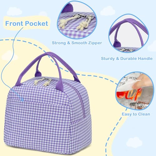 Image of CAMTOP Lunch Box Kids Insulated Lunch Bag Large Reusable Leakproof Cooler Lunch Bags for Boys Girls School Travel Picnic (Purple and White Checkered)