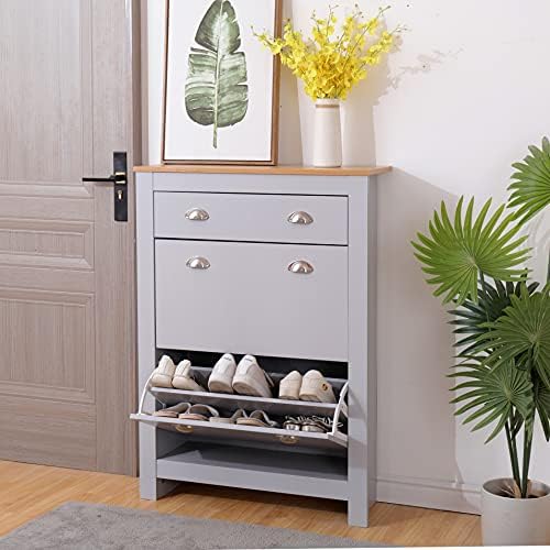 ALPHA Wooden Shoes Cabinets with 1 Drawer and 2 Doors Slim Shoes Storage Unit Hallway Cabinet Footware Shoes Racks Grey and Oak Color