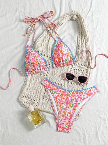 Two Piece Triangle String Bikini Set Cute Floral Halter Bathing Suit for Women Self Tie Sexy Swimsuit3