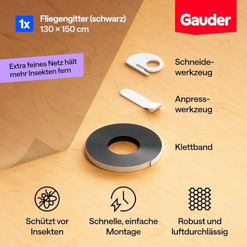GAUDER Fliegengitter für Fenster - Insektenschutz ohne Bohren - Fliegengitter mit Klettband - Fliegennetz aus Polyester - Mückennetz & Moskitonetz für Fenster (130 x 150 cm - schwarz)