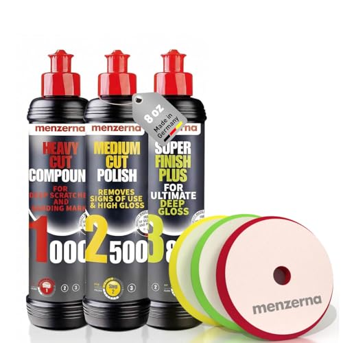 Image of Menzerna Polishing Set 8oz - HCC1000, MCC2500 & SFP3800 | 3-Step System incl. 3 Matching 6-inch Pads for Scratch Removal, Swirl Elimination & Mirror-Like Finish