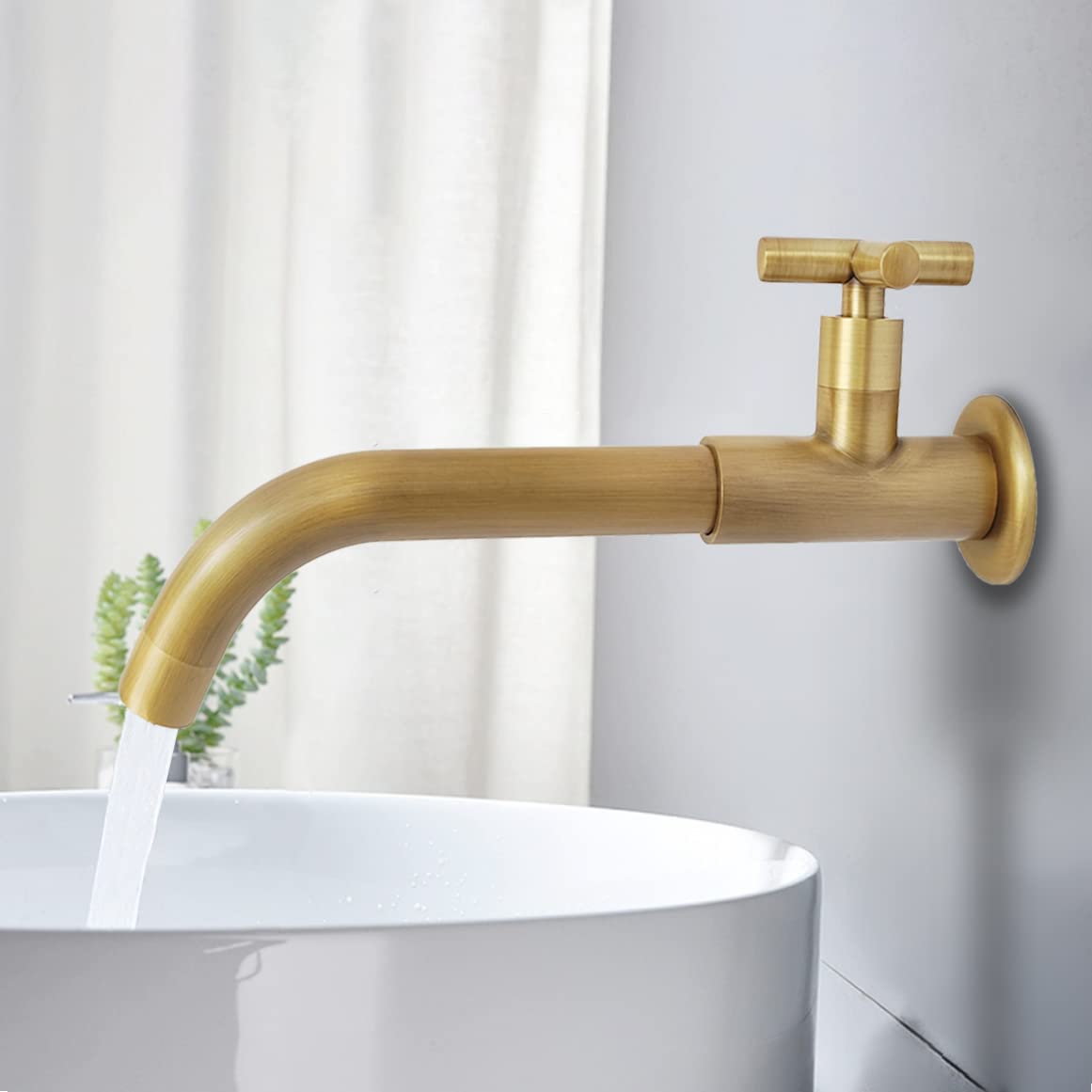 Vintage Grifo de Latón, Grifos de Agua Fría en Pared, Grifería Frío de Jardín, Giratorio 360° Grifo Mural de Lavabo con Manija Cruzada para Cocina Fregadero Baño Lavandería Externo, Antiguo