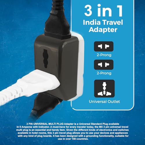Image of MX 3 Pin Multi Plug Socket Travel Adapter Universal Socket 3 in 1 Plug Extension Socket Travel Power Plug Adapter with Dual Inputs for Laptop, Phone, PC Pack of 2