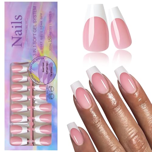 White French Tip Press on Nails Medium Coffin Fake Nails, Glossy Medium Press on Nails Full Cover Acrylic French Tip Nails Coffin Nail Tips, Pink Soft Gel nails 150pcs Stick on Nails
