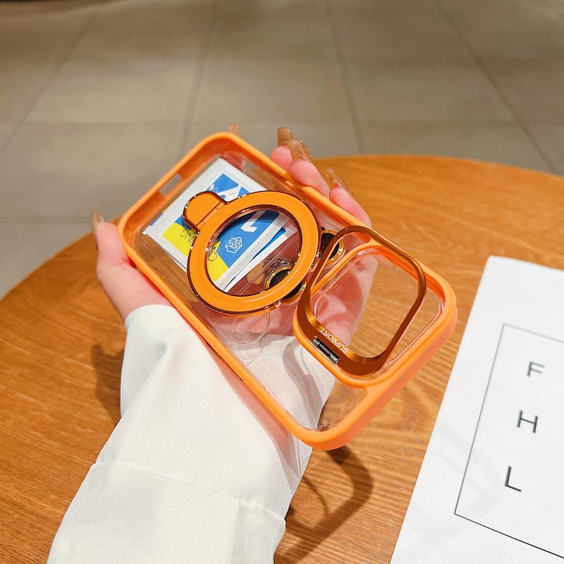 Image of LuxuryKase Magnetic Clear Case for iPhone 17 | Metal Ring Stand | Camera Lens Protector Rings | Shockproof Hard PC Back | MagSafe Compatible | TPU Bumper - Orange