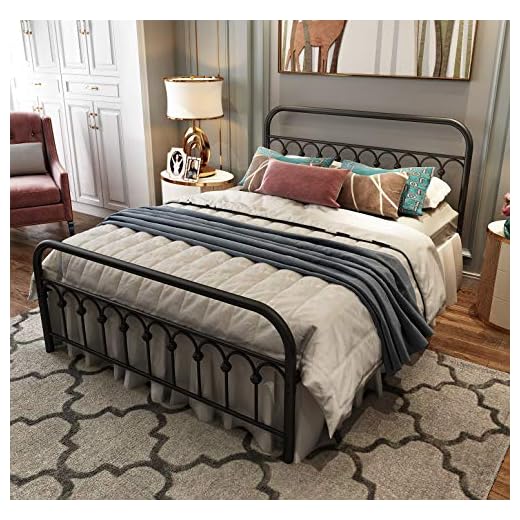 Metal Bed Frame Queen Size with Vintage Headboard and Footboard Platform Base Wrought Iron Bed Frame (Queen,Black)