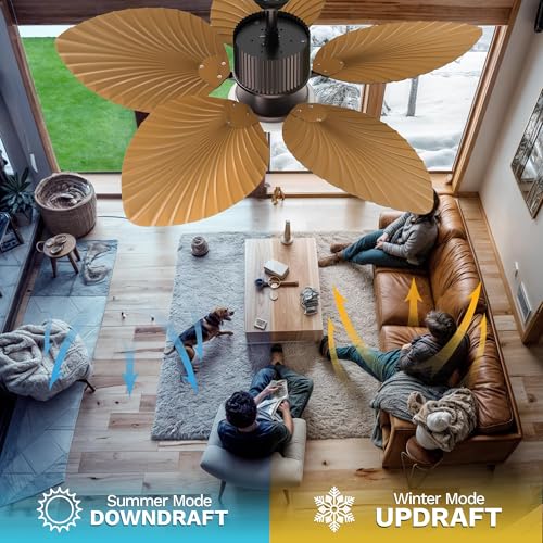 DWVO 52 Inch Palm leaf Ceiling Fan with Lights, Tropical Ceiling Fans with Remote, 3CCT Dimmable, Reversible Quiet DC Motor for Bedroom, Living Room, Dining Room